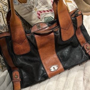 Vintage Fossil black and baseball glove leather satchel with brass hardware